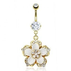 Belly button ring gold-plated with flower dangle