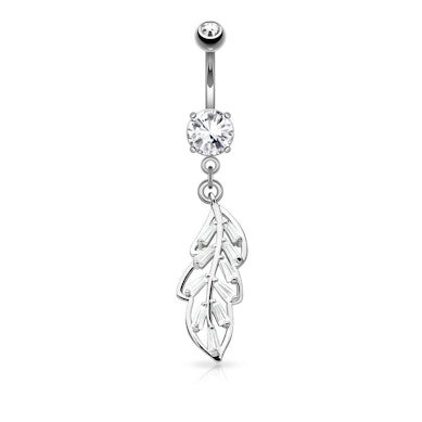 Belly button ring with studded leaf dangle