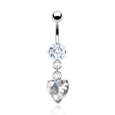 Belly button ring with heart-shaped stone dangle