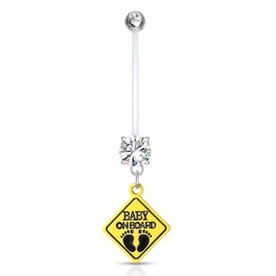 Pregnancy belly ring with baby on board sign