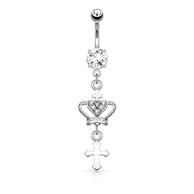 Belly button ring with crown and cross dangle