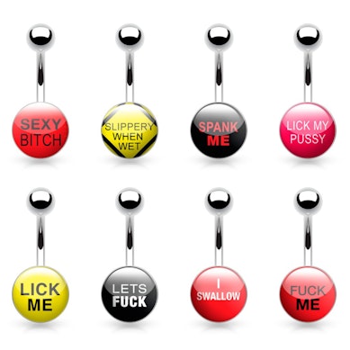 Belly button ring with cheeky text on large bottom ball