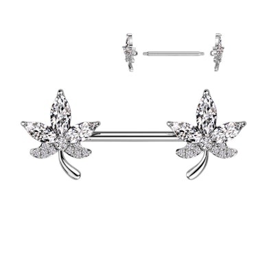 Nipple barbell with sparkling covered stones leaf ends
