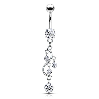 Belly button ring with s-shaped dangle and stones