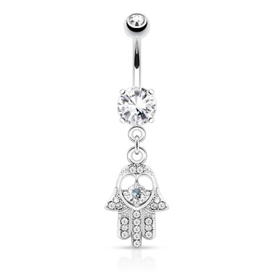 Belly button ring with studded hamsa hand dangle