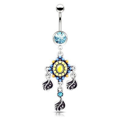 Belly button ring with bead paved dangle