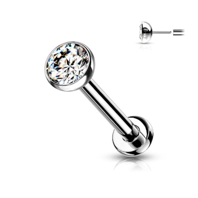 Push-in labret made of titanium with bezel set stone