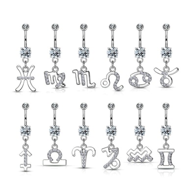 Belly button ring with zodiac sign dangle