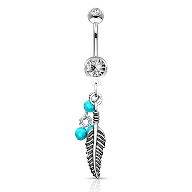 Belly button ring with turquoise balls and feather dangle