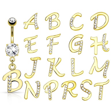 Belly button ring with letter shaped pendant and zirconia stones