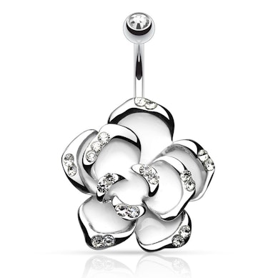 Belly button ring with white flower and stones