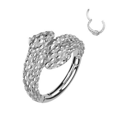 Hinged segment ring with double snake head