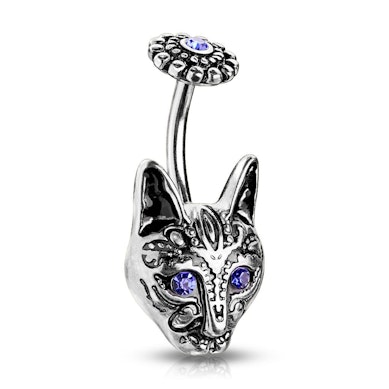 Belly button ring with blue-eyed tribal cat