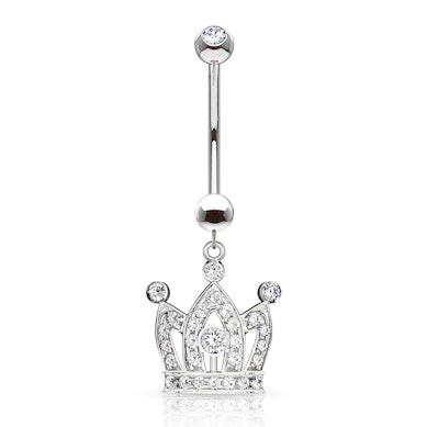 Belly button ring made of 14k gold studded crown dangle
