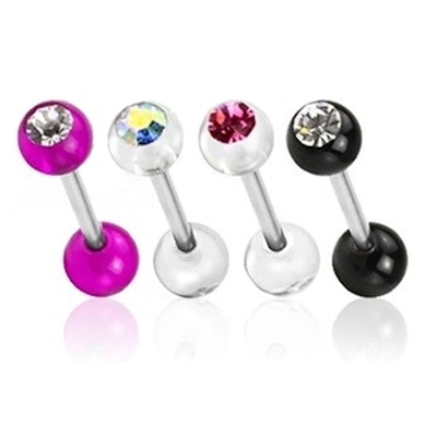 4 tongue barbells with bezel-set stone