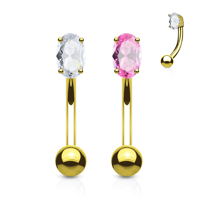 Lenktas barbell auskaras iš 14k aukso su kristalu