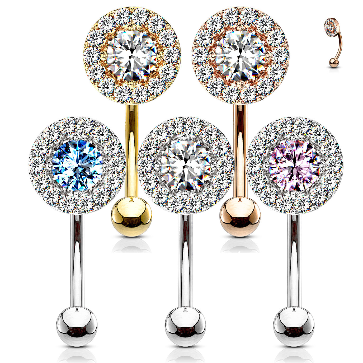 Lenktas įvairių spalvų barbell auskaras su kristalu centre