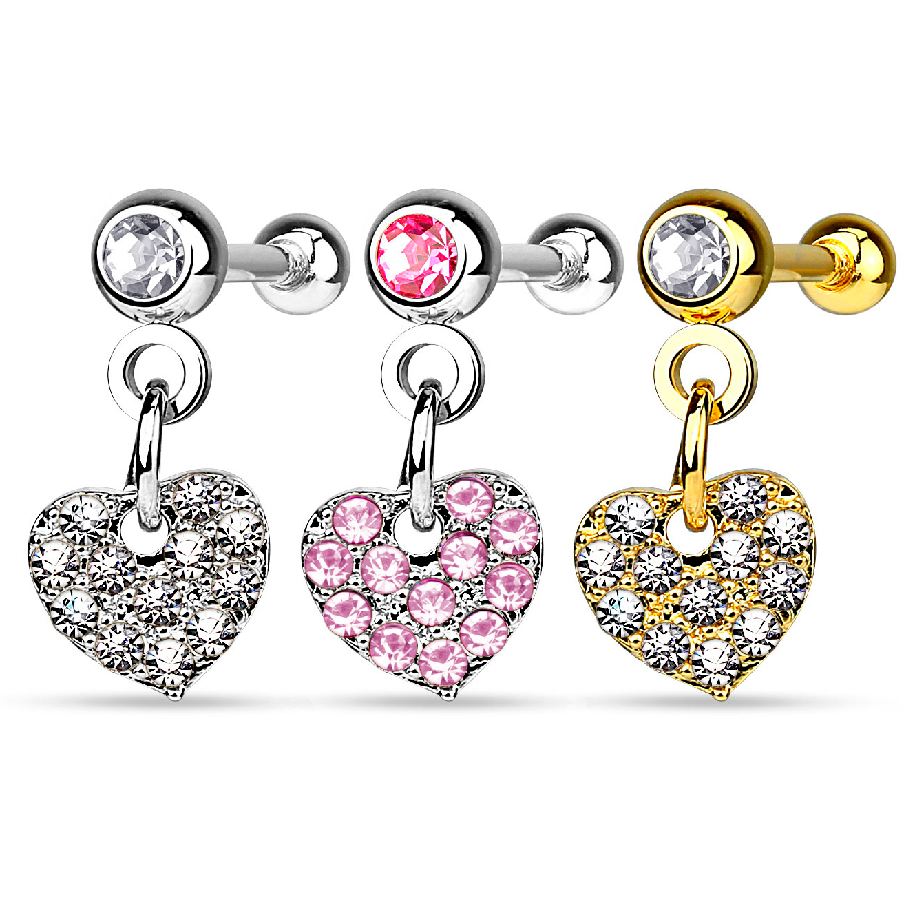 Auskaras su širdelės formos pakabuku, padengtu kristalais