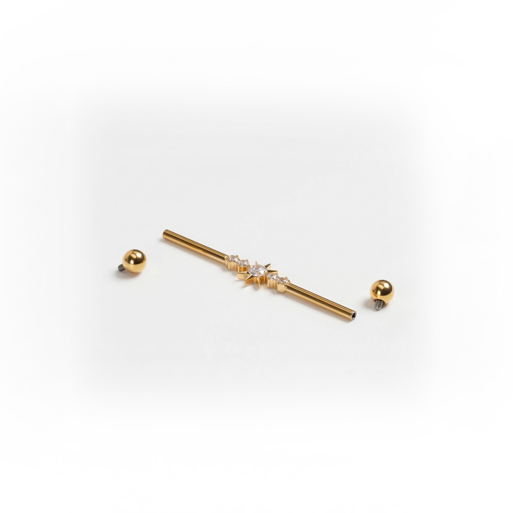 Industrial tipo barbell iš titano su žvaigždute per vidurį ir akutėmis