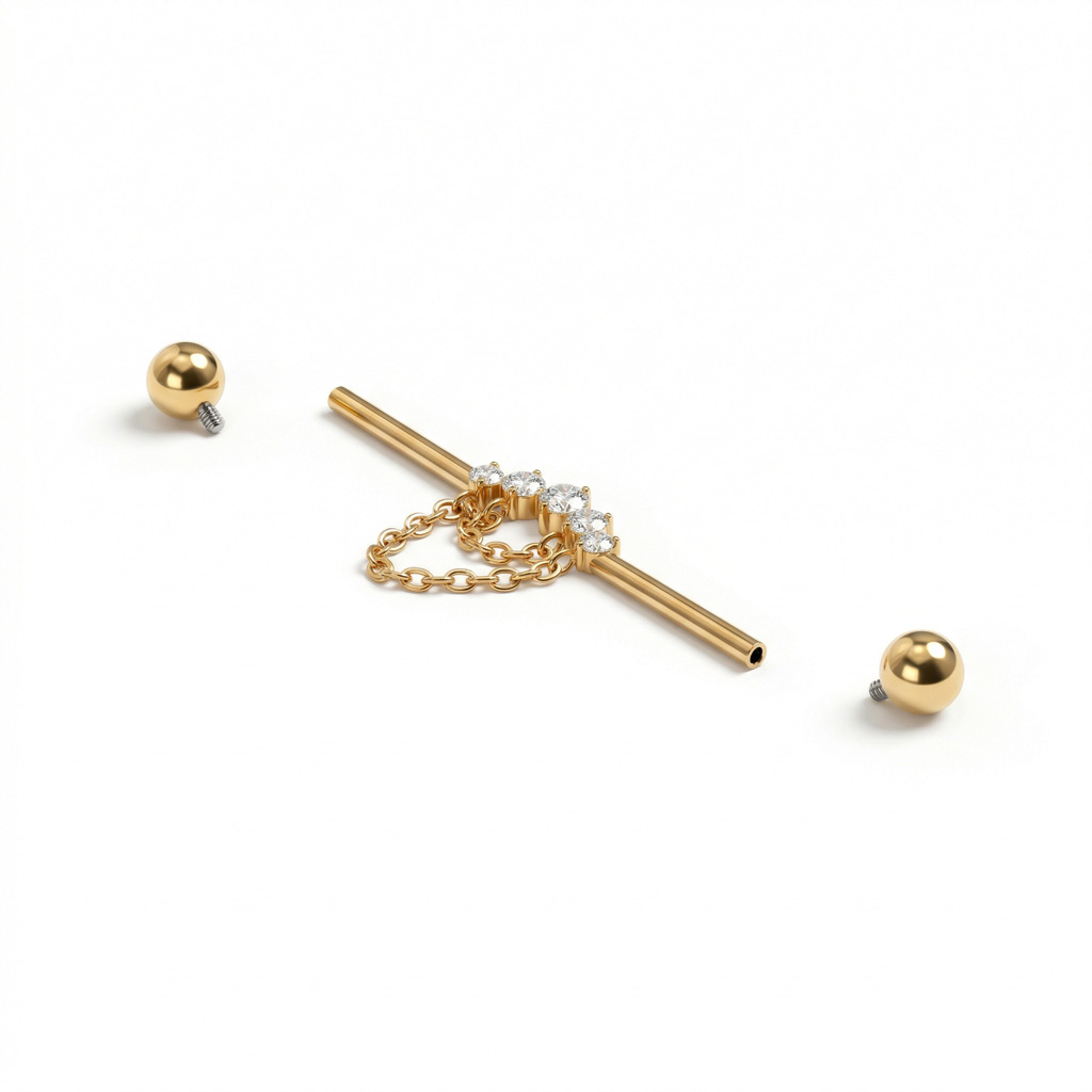 Industrial tipo barbell iš titano su akutėmis ir grandinėlėmis