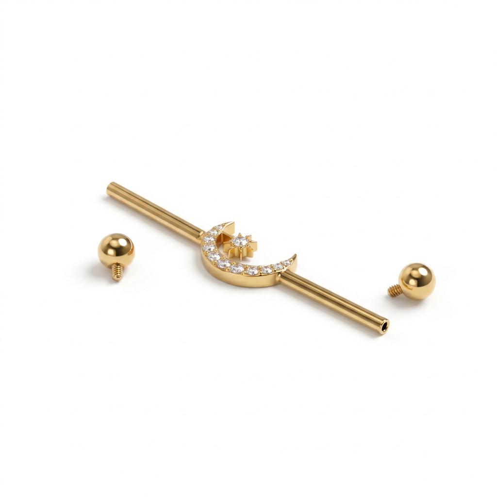 Industrial tipo barbell iš titano su mėnuliu ir žvaigždute per vidurį