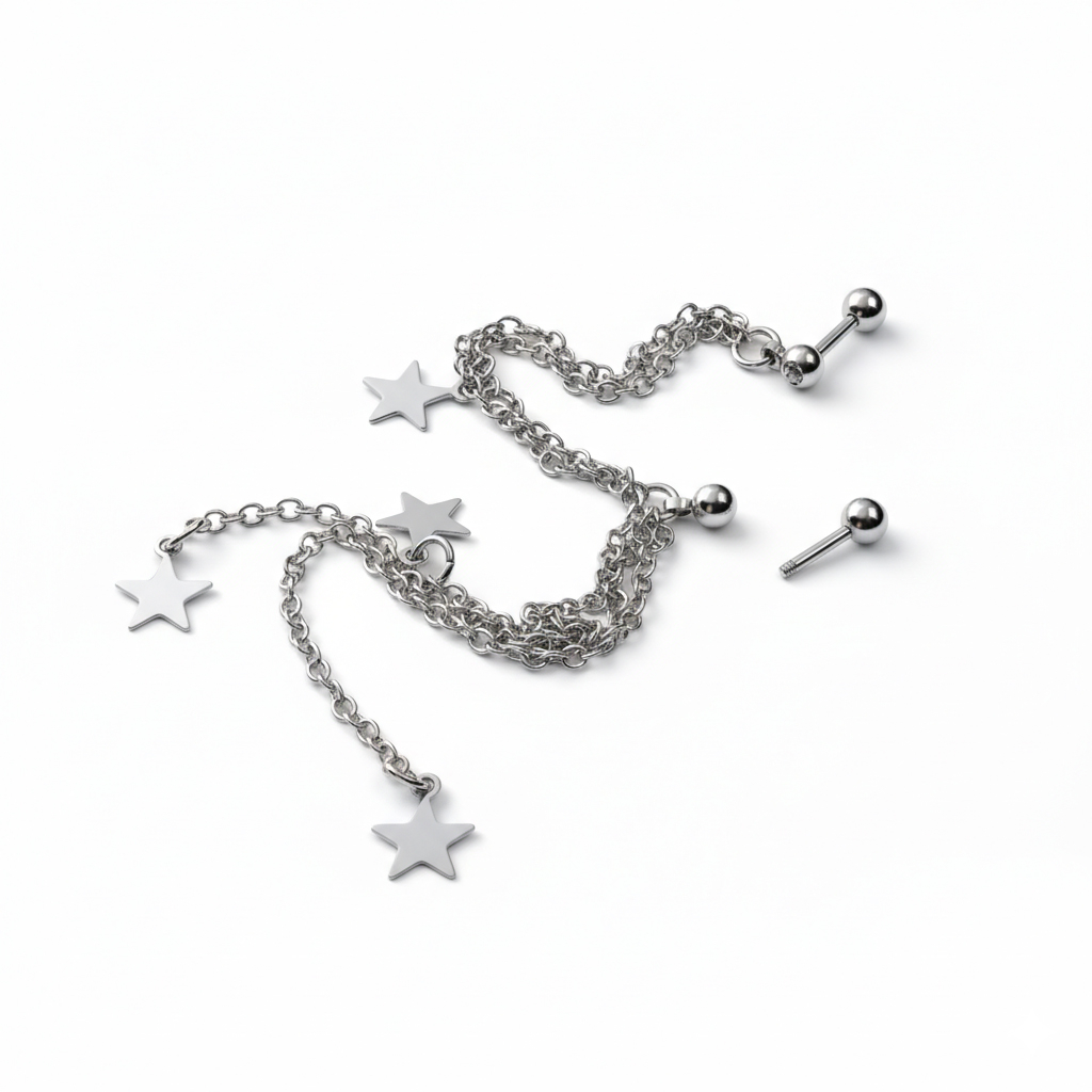 Tragus ir helix auskaras su žvaigždėmis
