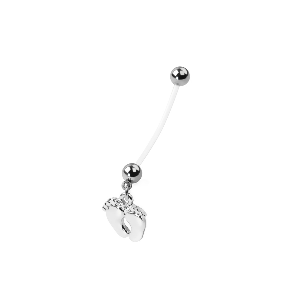 Pregnancy belly button ring with shiny feet dangle.