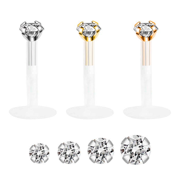 14k aukso labret auskaras iš PTFE su kristalu