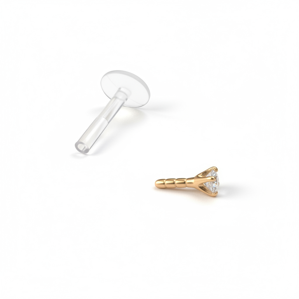 14k aukso labret auskaras iš PTFE su kristalu