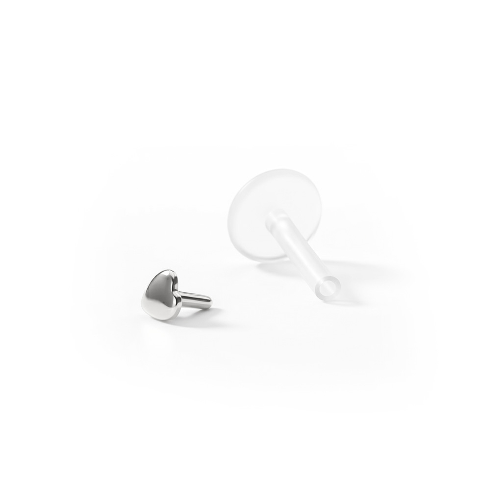 Labret auskaras su 14k auksine širdele-8 mm-14k Baltasis auksas / PTFE-1,2 mm
