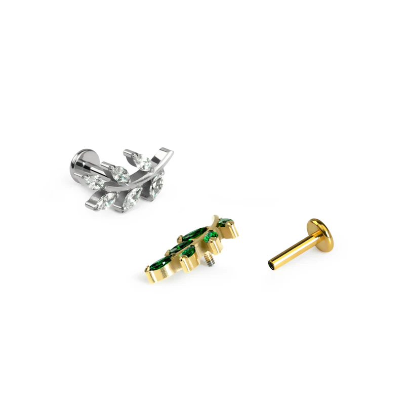 Leaf labret in titanium with gem stones