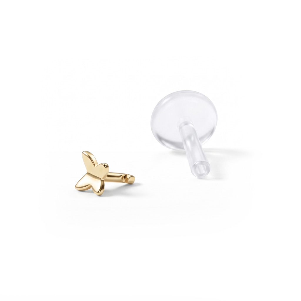 Labret auskaras iš PTFE su drugeliu iš 14k aukso