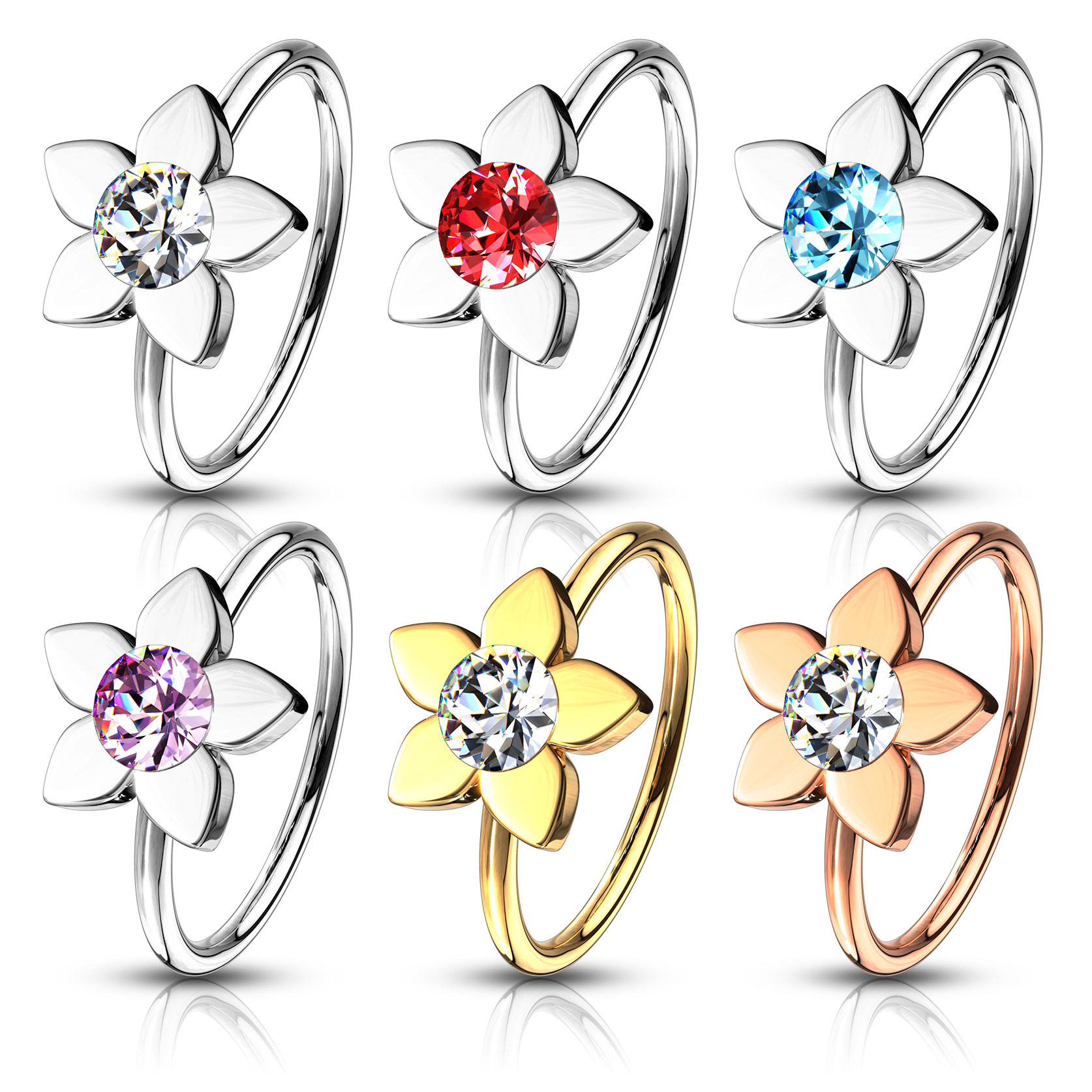 Vientisas žiedinis auskaras į nosį su lotoso gėle ir kristalu