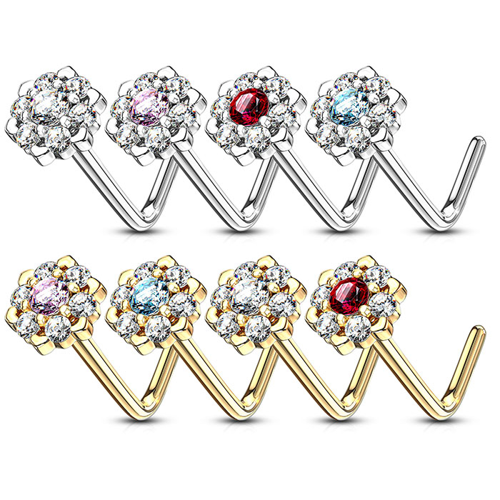 Auskaras į nosį iš 14k aukso su kristalais papuošta lotoso gėle