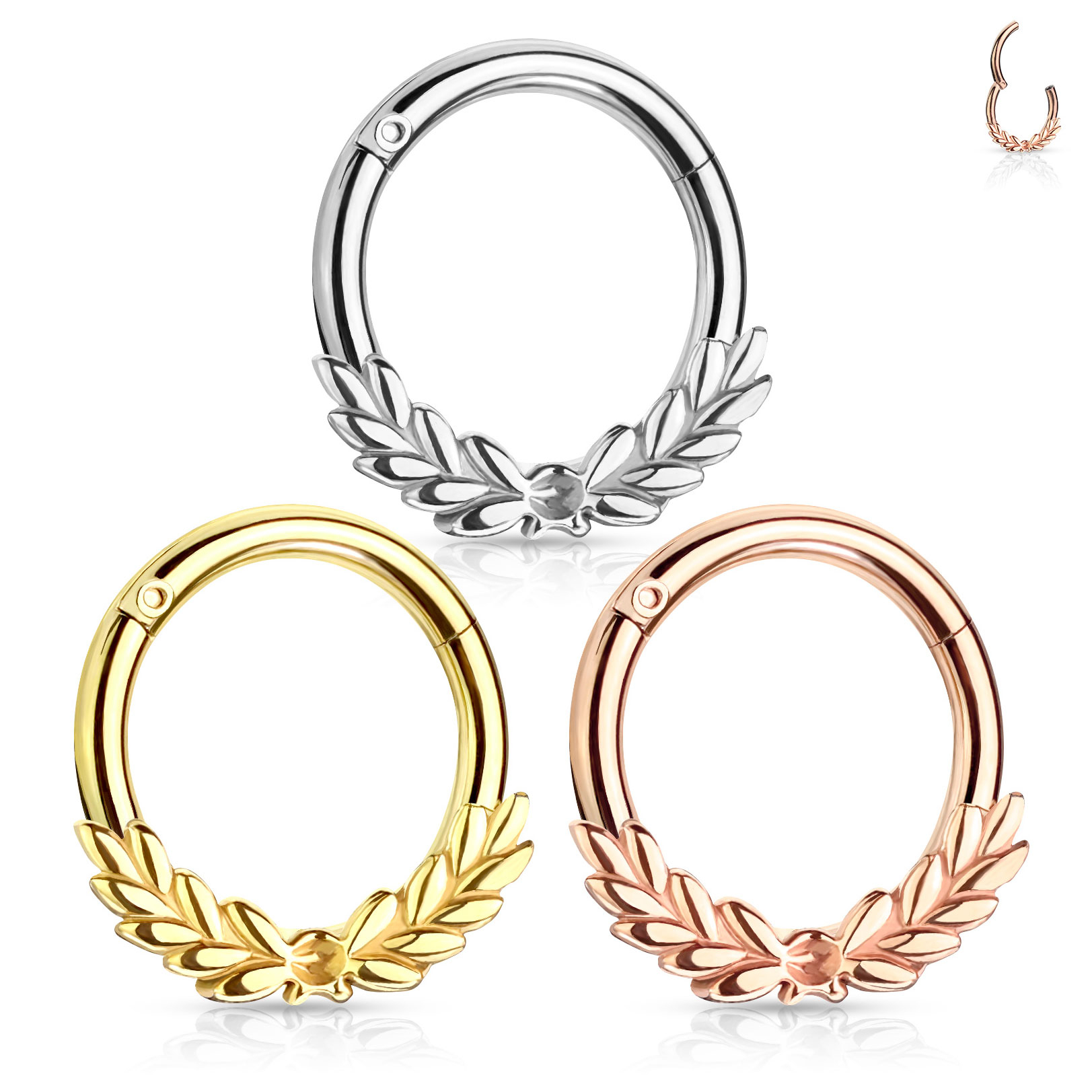 Susegamas žiedinis auskaras su laurų vainiku