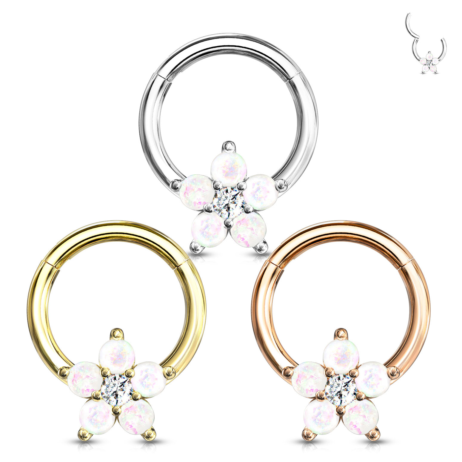 Žiedinis auskaras su gėle iš opalo kristalų