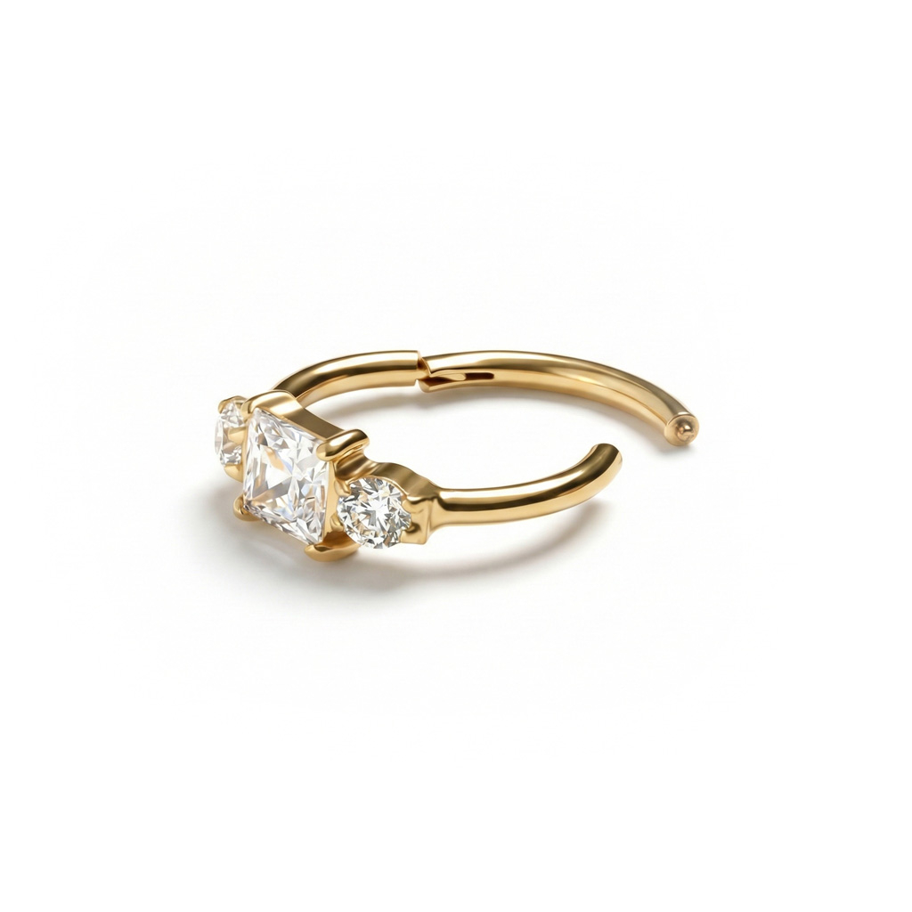 Titano žiedinis auskaras su vyriais ir trimis cirkonio akutėmis