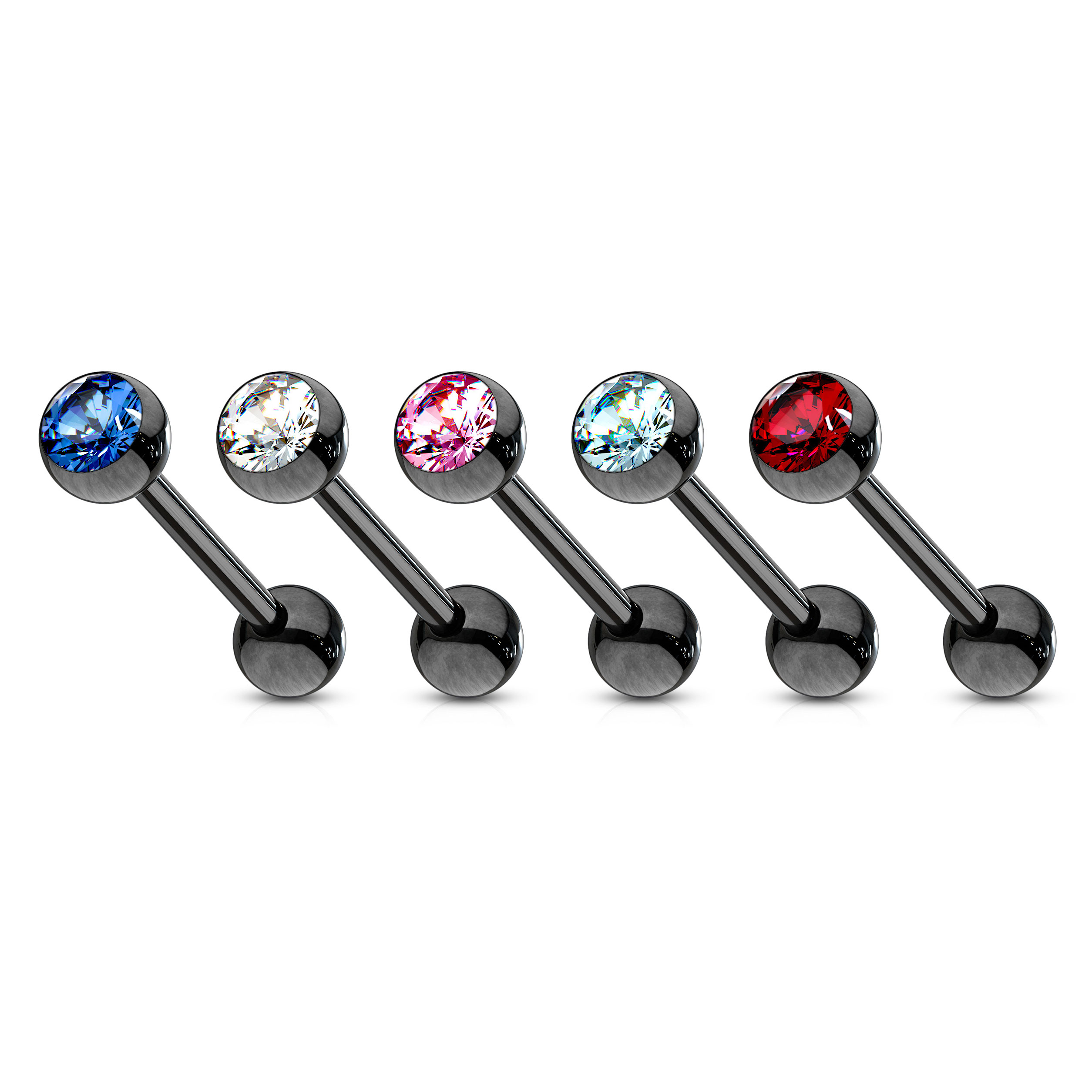 Juodas auskaras į liežuvį su įvairių spalvų kristalu